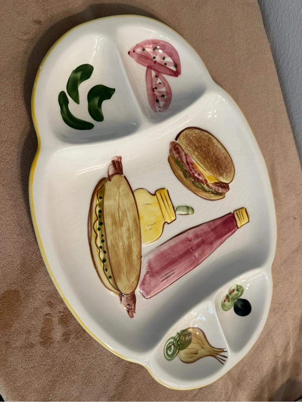 Hand-Painted Ceramic Divided Serving Platter in White with Multicolor Food Motif